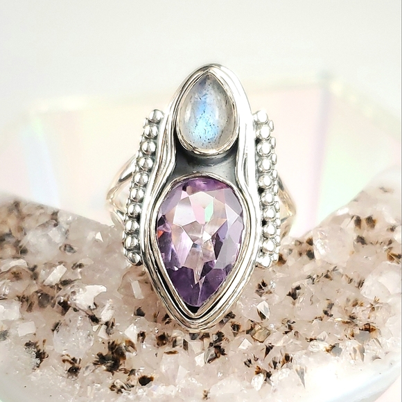 Sterling Silver Amethyst and Labradorite Double Teardrop Ring Size 8 - Picture 8 of 15
